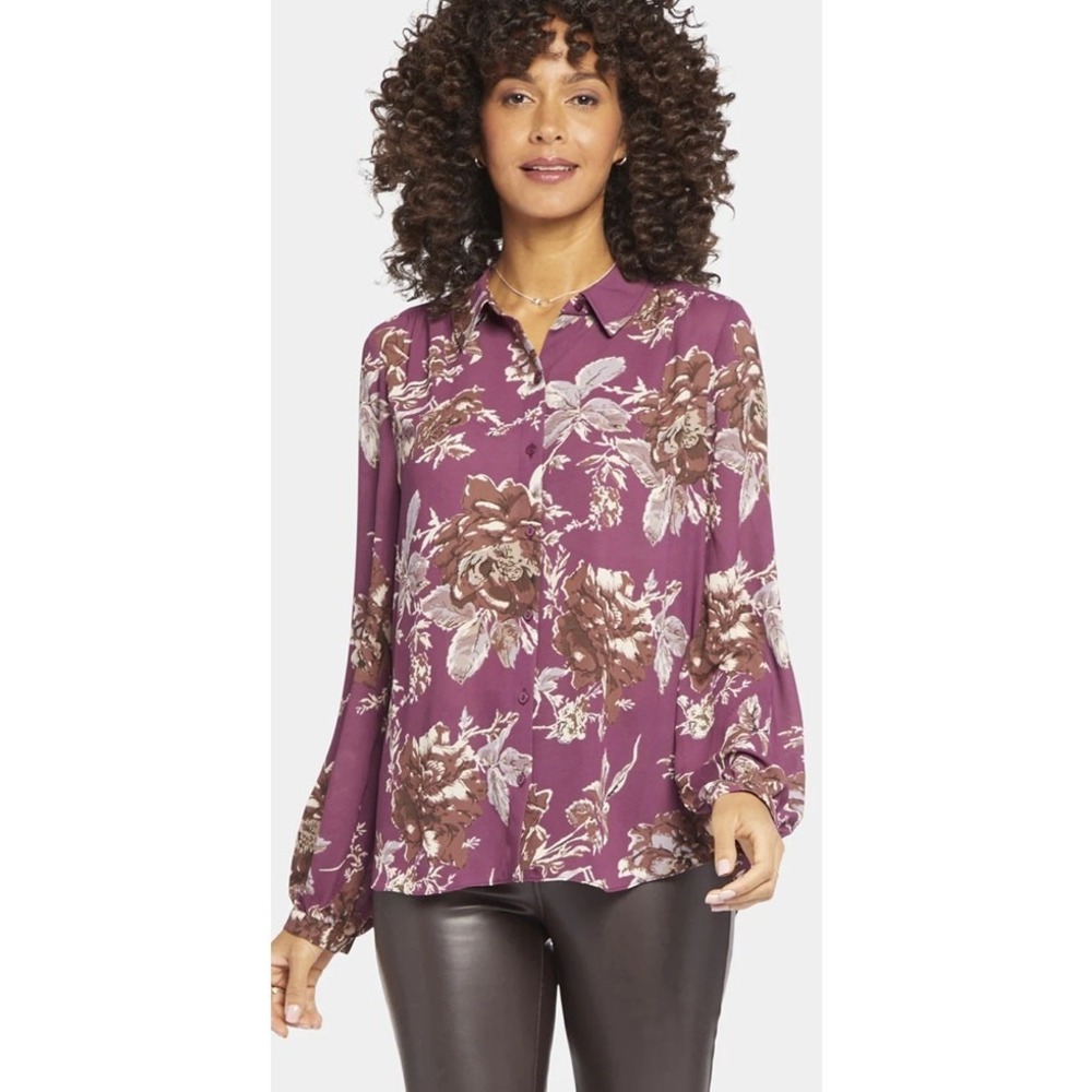 NYDJ Women Frida Modern Purple Floral Print Button Up Blouse Long Sleeve L